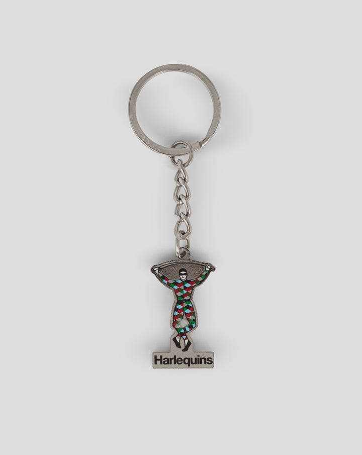 Harlequins crest keyring featuring a colorful harlequin figure on a metal chain