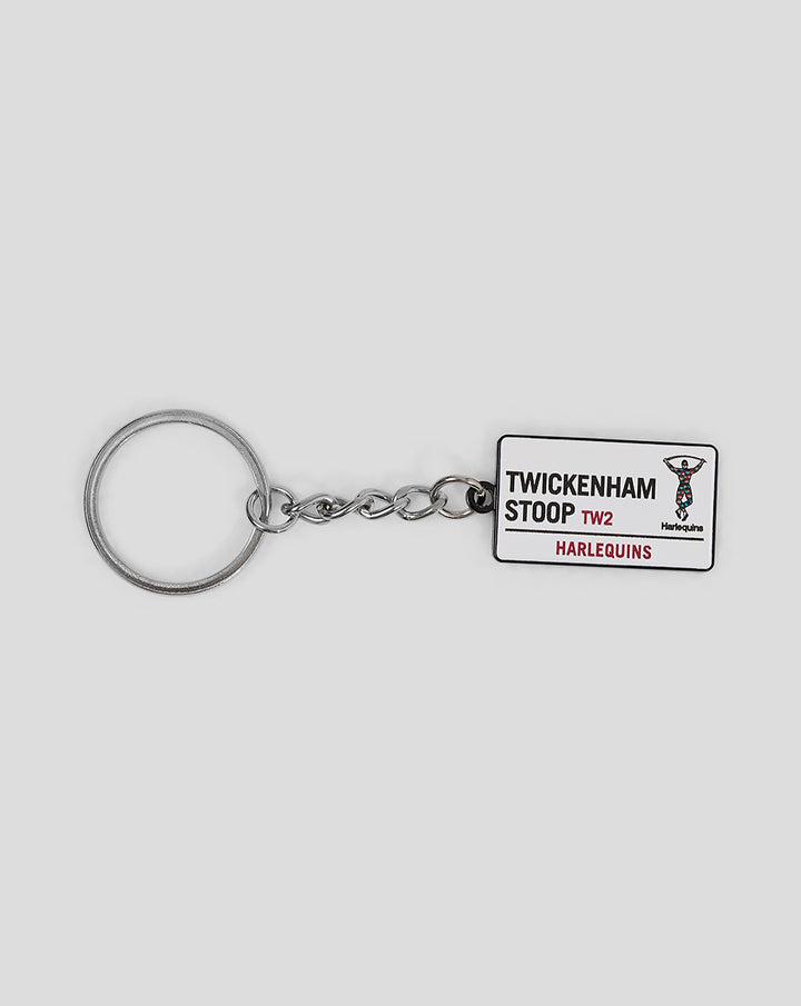 Harlequins street sign keyring with Twickenham Stoop TW2 label and logo