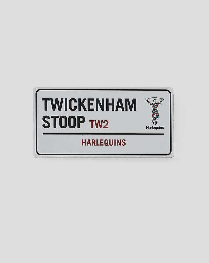 Harlequins street sign magnet reading Twickenham Stoop TW2 with Harlequins logo