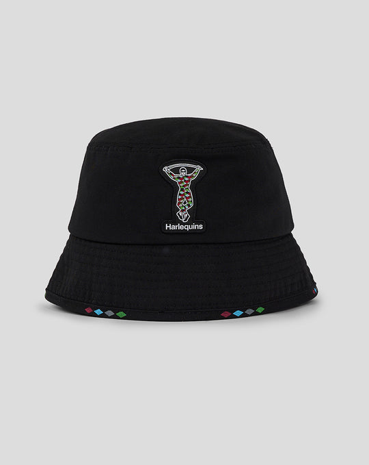 Black Harlequins Mono Bucket Hat with front embroidered crest and multicolored diamond trim on the brim