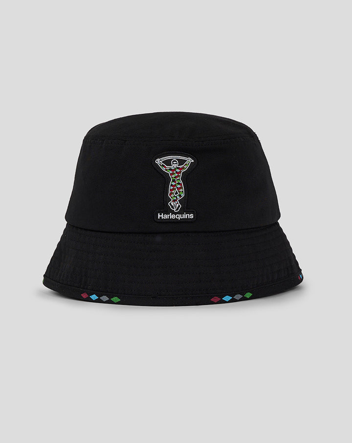 Black Harlequins Mono Bucket Hat with front embroidered crest and multicolored diamond trim on the brim