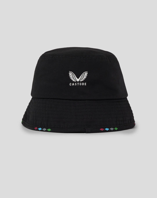 Close up of black Harlequins Mono Bucket Hat with white embroidered crest and Castore branding