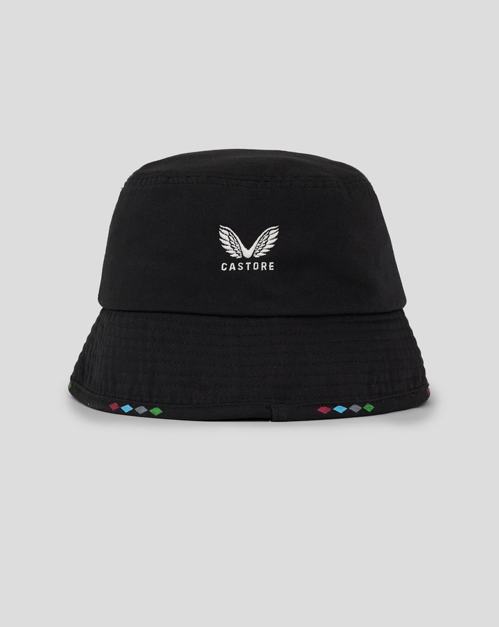 Close up of black Harlequins Mono Bucket Hat with white embroidered crest and Castore branding