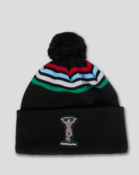 Harlequins bobble hat with black body a multicolor four stripe band and a black pom pom with Harlequins patch