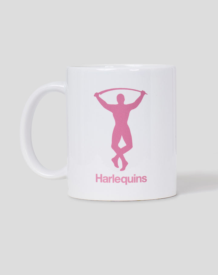 White Harlequins mug featuring a pink silhouette and the Harlequins logo