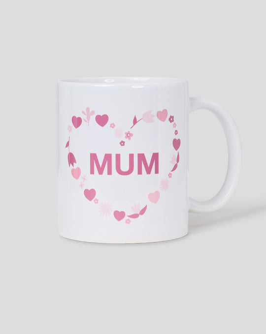 White ceramic Harlequins mug with pink heart wreath and MUM text