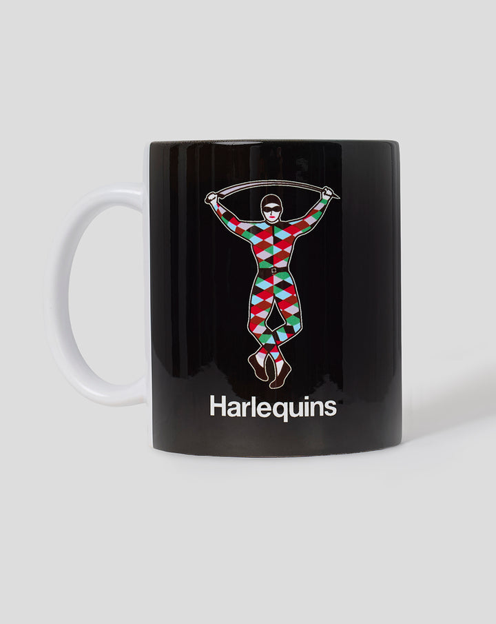 Harlequins mug featuring a colorful harlequin diamond mascot and white Harlequins text.