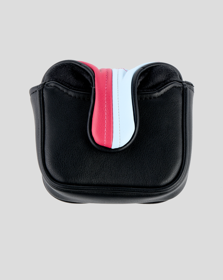 Harlequins CADDI 2.0 mallet putter head cover in black with red white and light blue strap accents