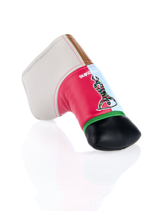 Close up of Harlequins CADDI 2.0 blade head cover showing pink blue and white panels with embroidered logo