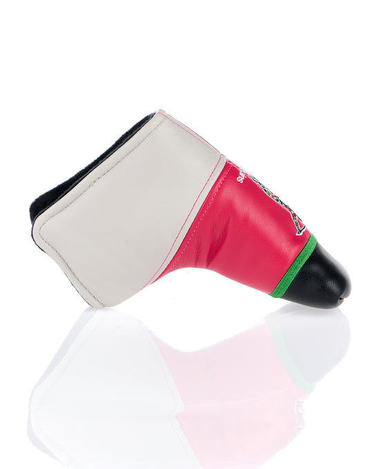 Angle shot of Harlequins CADDI 2.0 Blade Head Cover featuring white beige panels and pink stitching