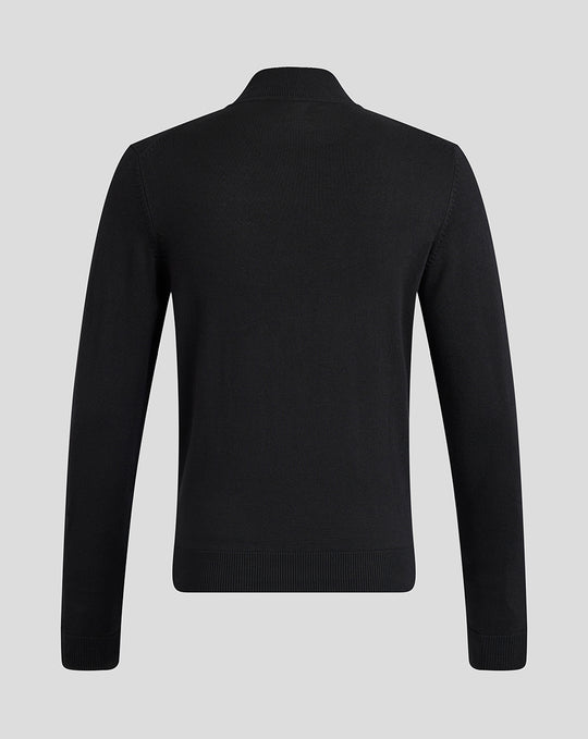 Back view of black Harlequins quarter-zip top with ribbed cuffs and hem