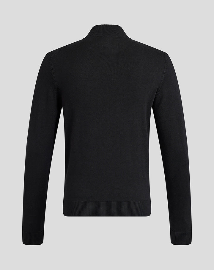 Back view of black Harlequins quarter-zip top with ribbed cuffs and hem