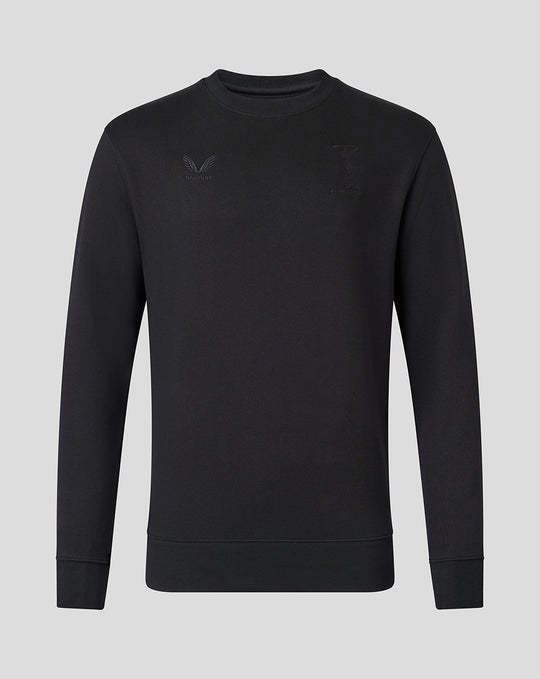 Front view of black Harlequins crew neck sweatshirt with tonal crest and Castore branding on the chest