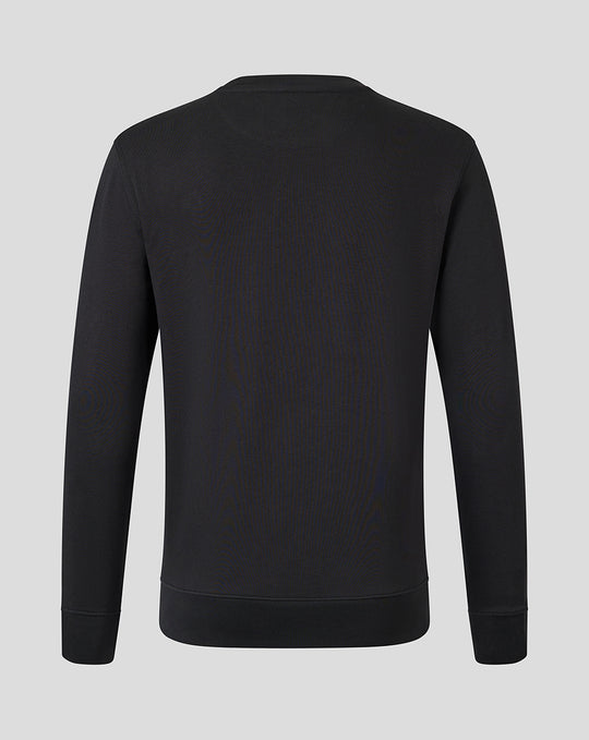 Back view of black Harlequins crew neck sweatshirt with clean silhouette and ribbed trims