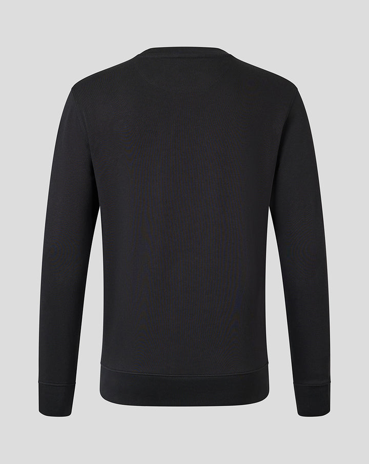 Back view of black Harlequins crew neck sweatshirt with clean silhouette and ribbed trims