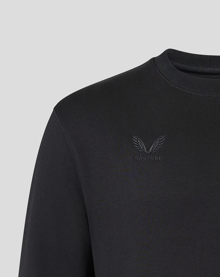Close-up of chest area showing tonal Harlequins crest and Castore branding on black sweatshirt