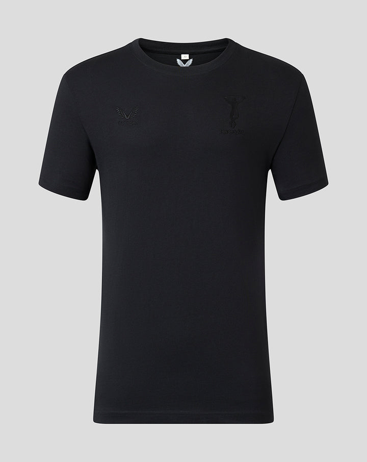 Black Harlequins embroidered T-shirt featuring tonal Harlequins crest on chest and Castore branding