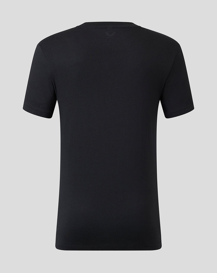 Back view of black Harlequins T shirt with a small tonal crest embroidery near the neckline