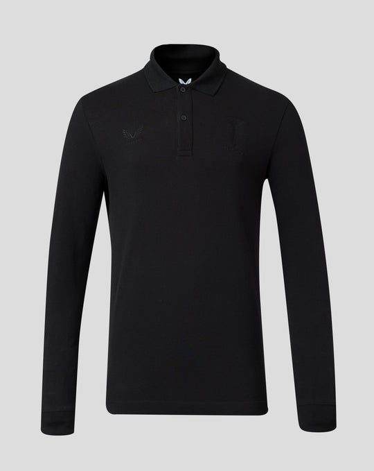 Front view of black Harlequins long sleeve polo with tonal crest embroidery and Castore branding.