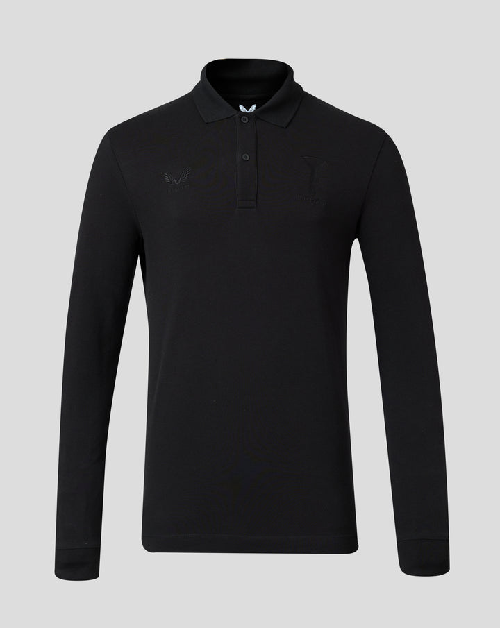 Front view of black Harlequins long sleeve polo with tonal crest embroidery and Castore branding.