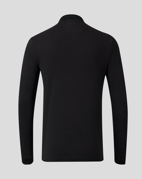 Back view of black Harlequins long sleeve polo with a neat collar and clean silhouette.