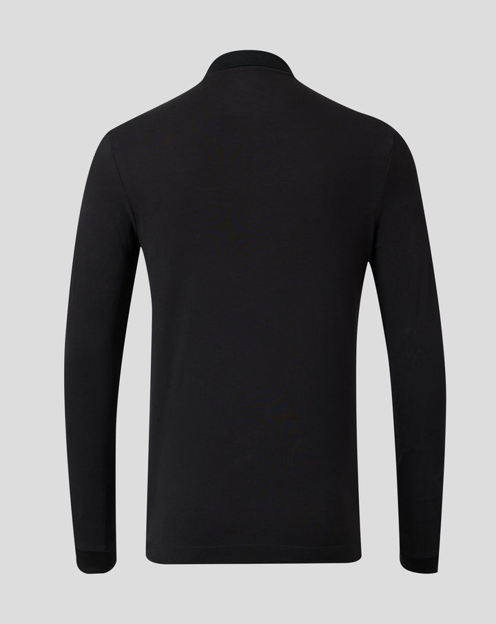 Back view of black Harlequins long sleeve polo with a neat collar and clean silhouette.