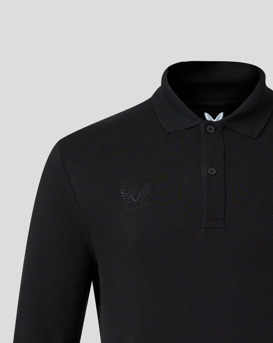 Close up of a black Harlequins long sleeve polo collar showing subtle embroidery of the crest and Castore branding