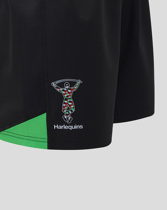 Harlequins logo on black Pro Home Shorts with a green side panel.