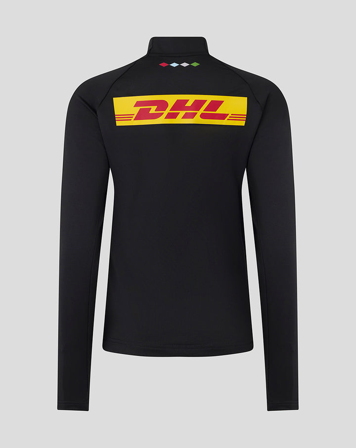 Back view of black Harlequins women's matchday midlayer top with a bright DHL logo across the back