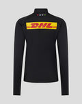 Back view of black Harlequins women's matchday midlayer top with a bright DHL logo across the back