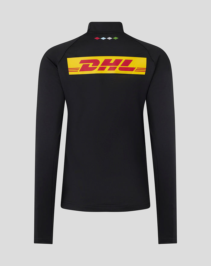Back view of black Harlequins women's matchday midlayer top with a bright DHL logo across the back