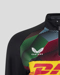 Close-up of the women's matchday midlayer top shoulder area with a multicolor geometric chest panel and Harlequins logo.