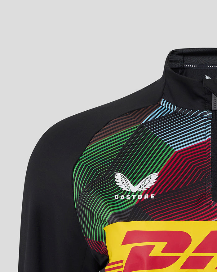 Close-up of the women's matchday midlayer top shoulder area with a multicolor geometric chest panel and Harlequins logo.