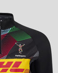 Front view of the women's matchday midlayer top displaying a vibrant geometric graphic, Harlequins crest, and a bold DHL logo across the chest.