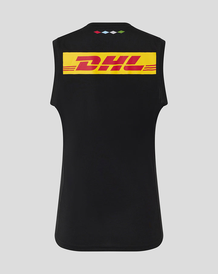 Back view of a black womens matchday sleeveless tee with a bold yellow DHL logo across the upper back.