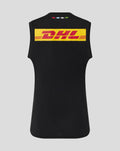 Back view of a black womens matchday sleeveless tee with a bold yellow DHL logo across the upper back.