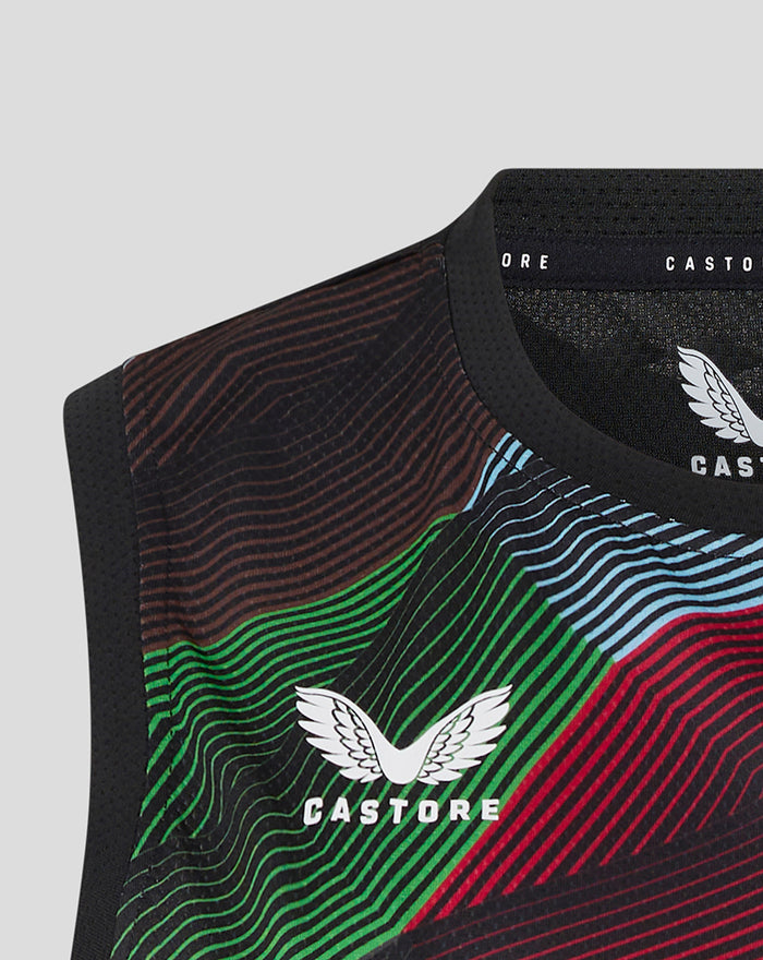 Close-up of a matchday sleeveless tee with colorful stripes and Castore emblem.