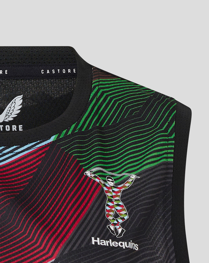 Shoulder area of the matchday sleeveless tee with Harlequins logo and bold diagonal stripes.