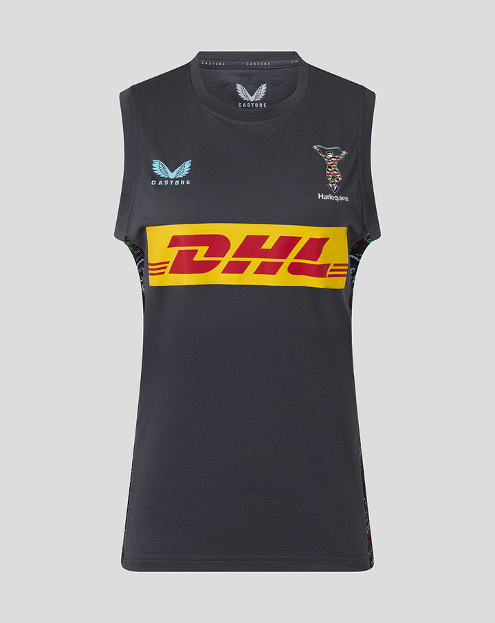 Ebony women’s training vest with a bold DHL sponsor band across the front, Castore logo and Harlequins crest.