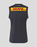Back view of the Ebony training vest with a large DHL logo across the upper back and colorful side panels.