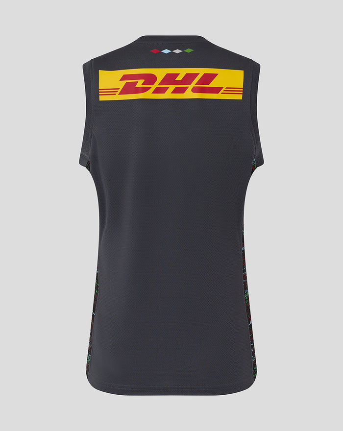 Back view of the Ebony training vest with a large DHL logo across the upper back and colorful side panels.