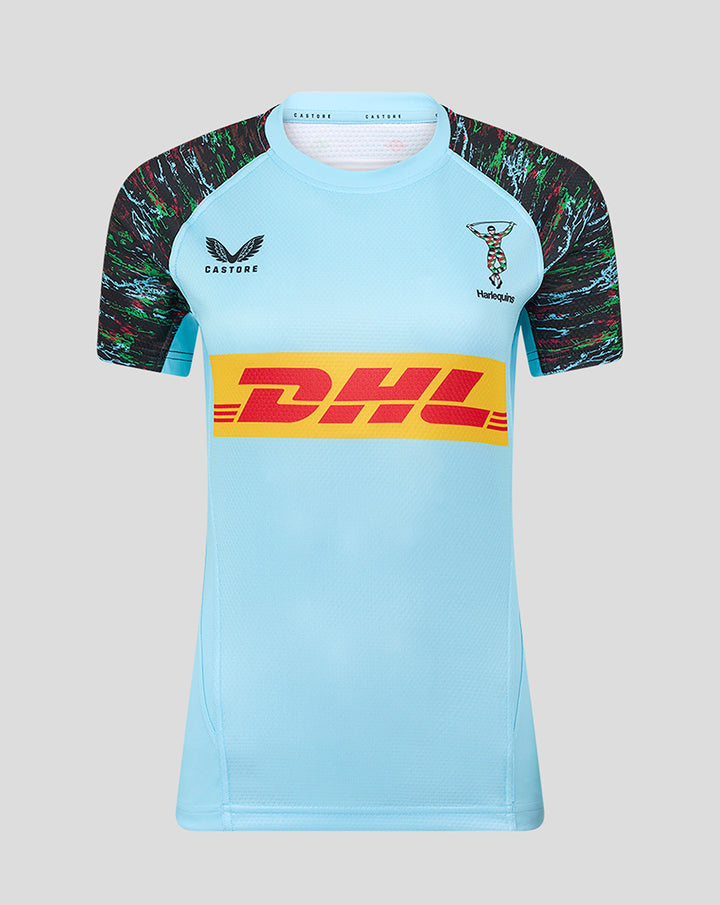 Light blue women's short sleeve jersey with multicolor patterned shoulders, Harlequins crest on the chest and DHL sponsor across the front.