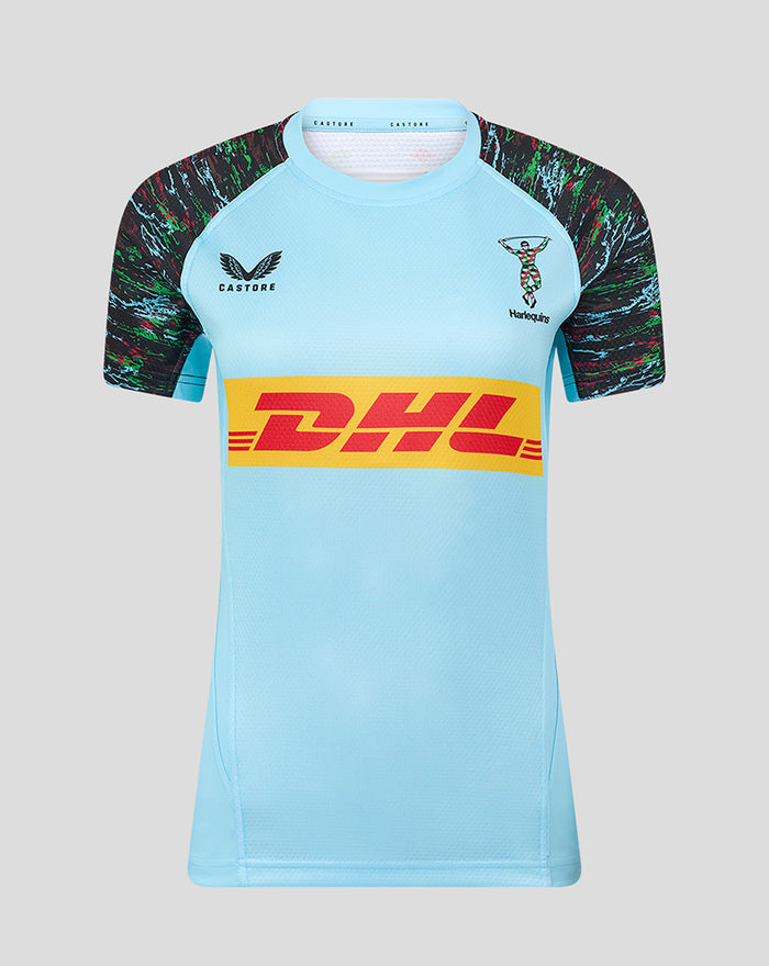 Light blue women's short sleeve jersey with multicolor patterned shoulders, Harlequins crest on the chest and DHL sponsor across the front.