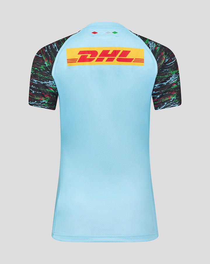 Back view of light blue women's 25/26 contact short sleeve jersey with large DHL logo on the back and patterned sleeves.