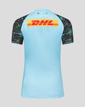 Back view of light blue women's 25/26 contact short sleeve jersey with large DHL logo on the back and patterned sleeves.