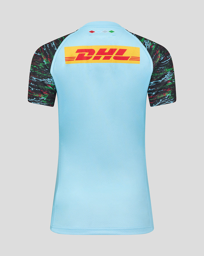 Back view of light blue women's 25/26 contact short sleeve jersey with large DHL logo on the back and patterned sleeves.