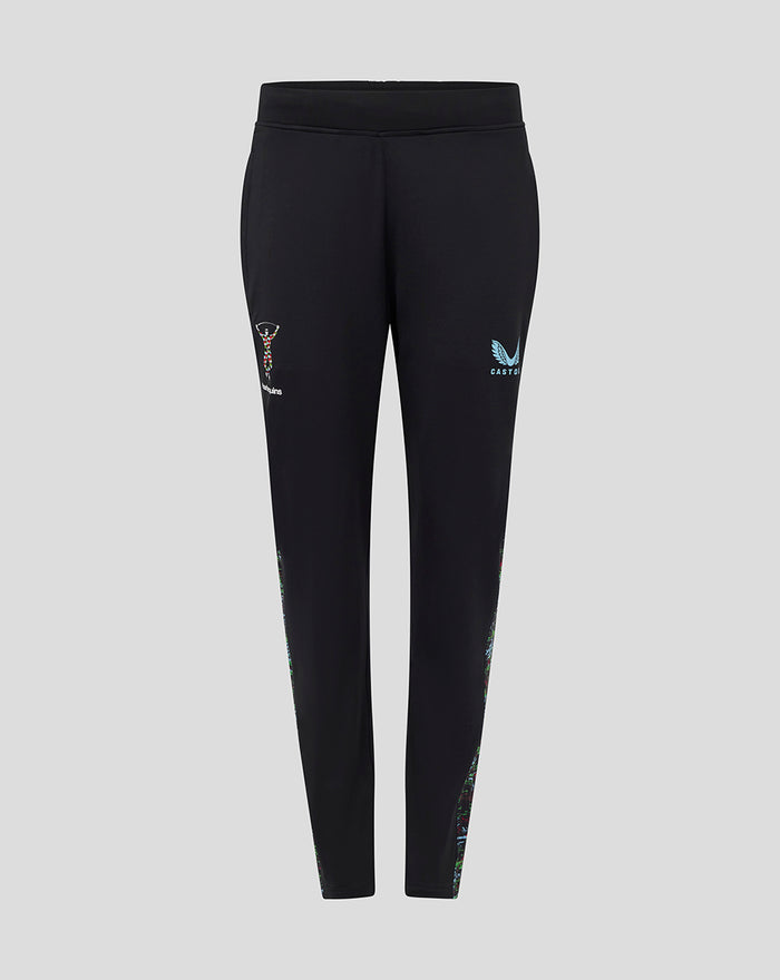 Front view of women's black Harlequins training knit pants with side pockets and crest on the thigh