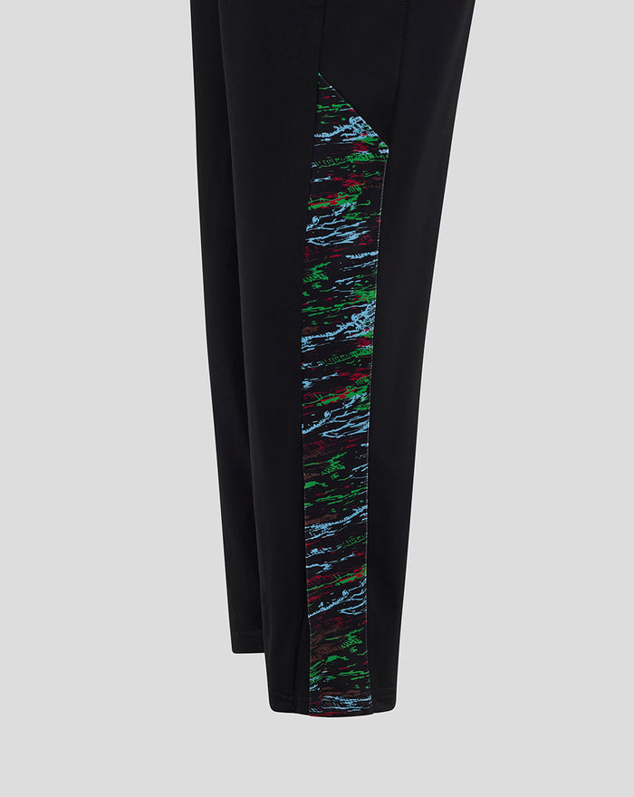 Close-up of the lower leg showing a multicolored abstract side panel on black Harlequins pants