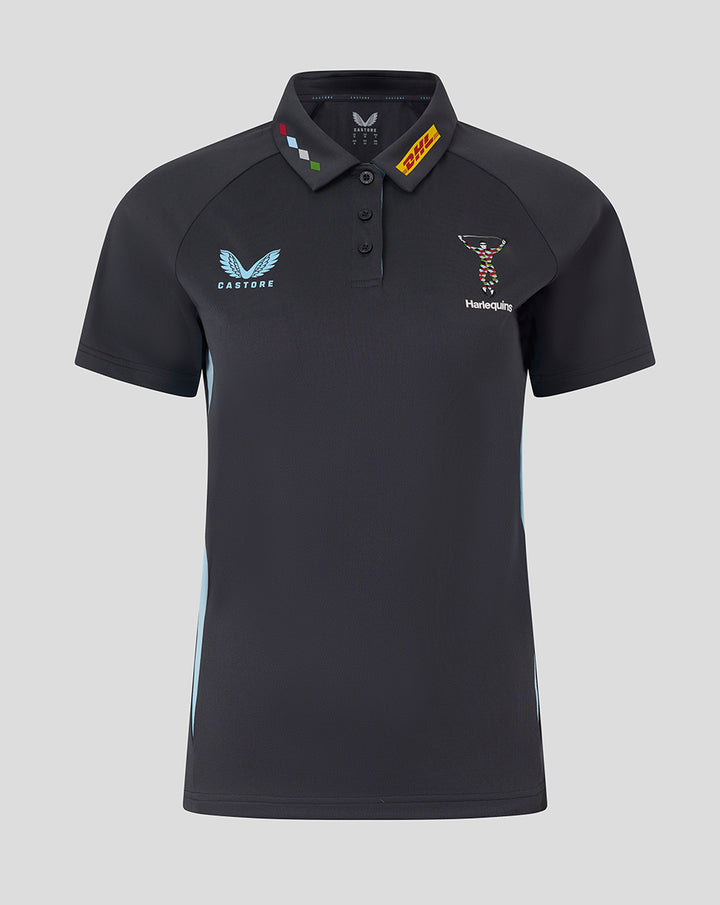 Ebony Harlequins polo with crest on left chest Castore logo on right DHL collar patch blue side panels