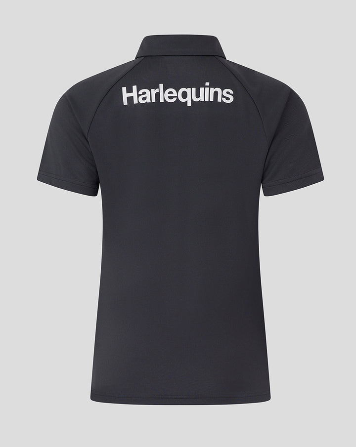 Back view of a dark ebony Harlequins poly polo with a white Harlequins logo across the upper back.